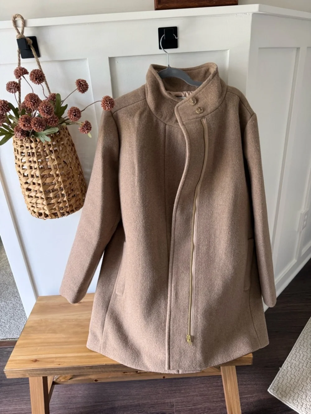 J. Crew Factory Taupe Asymmetrical Zip Wool Pea Coat - Picture 2 of 3